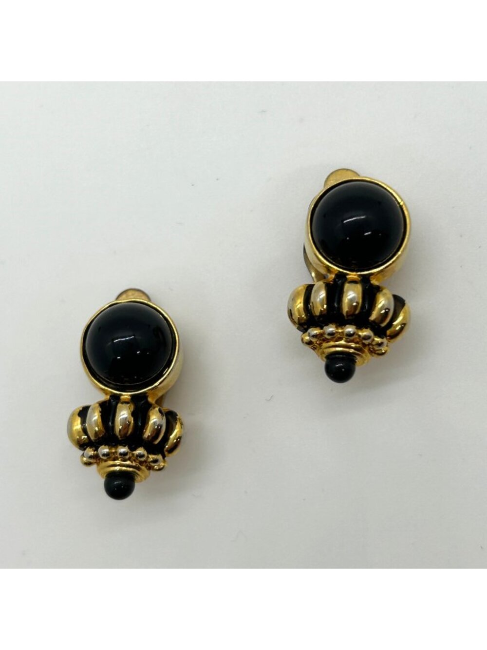 Vintage Black Cabochon Gold Tone Renaissance Revival Clip-On Statement Earrings